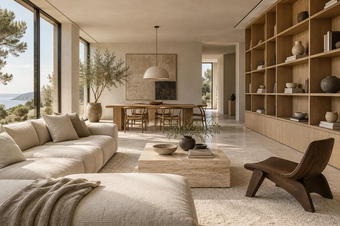 Sala integrada conceitual com estante planejada, sofá claro e mesa de jantar