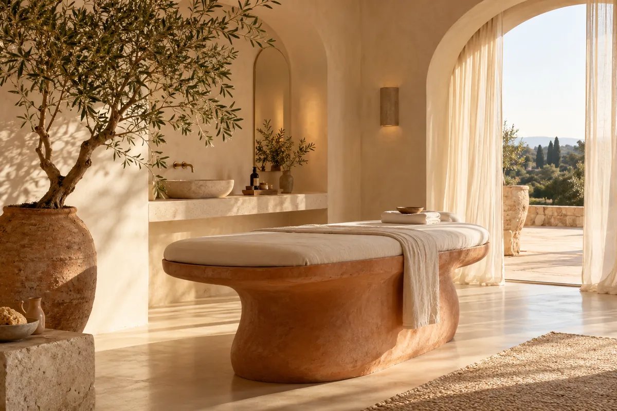 Atelier de bem-estar em tons de areia e terracota — imagem conceitual gerada por IA