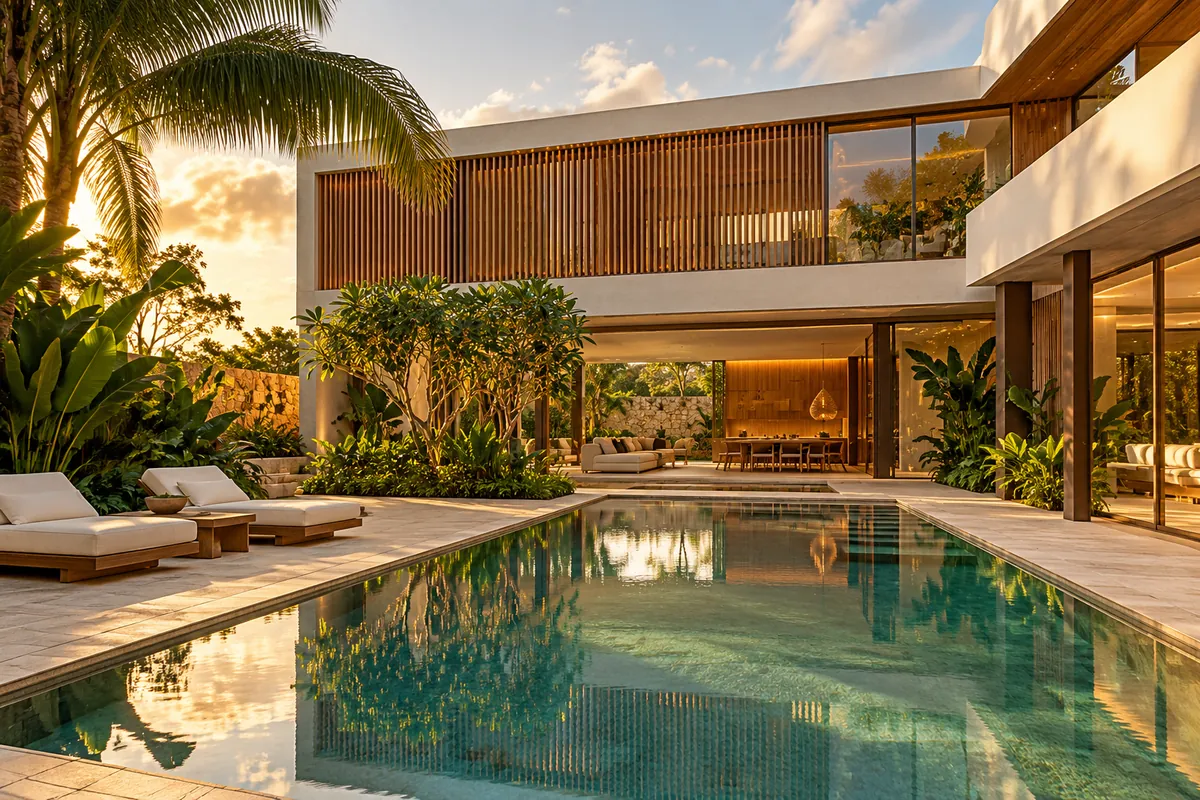 Casa contemporânea fictícia com pátio, piscina e volumes claros — imagem conceitual gerada por IA