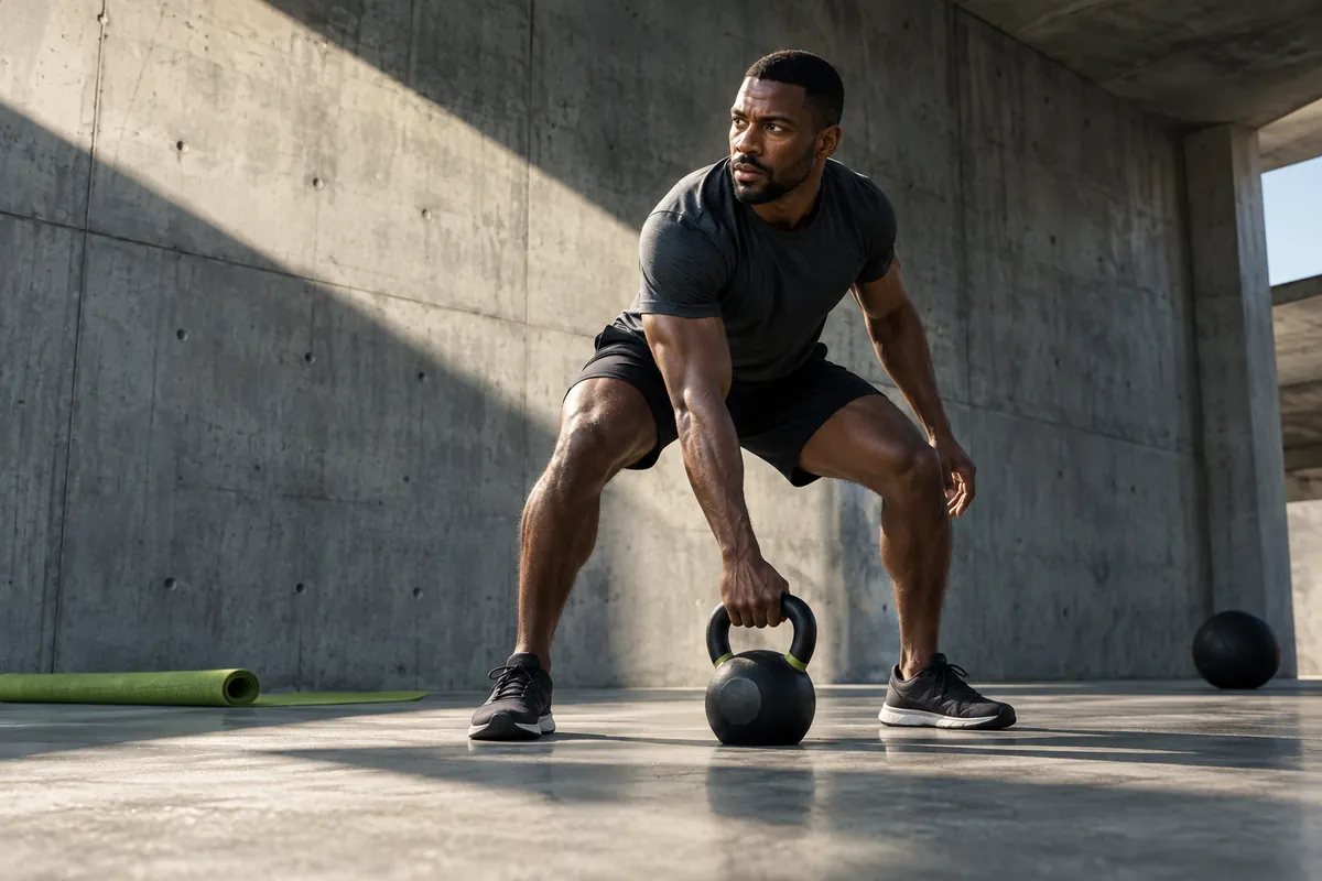 Atleta fictício em espaço de treinamento de concreto — imagem conceitual gerada por IA