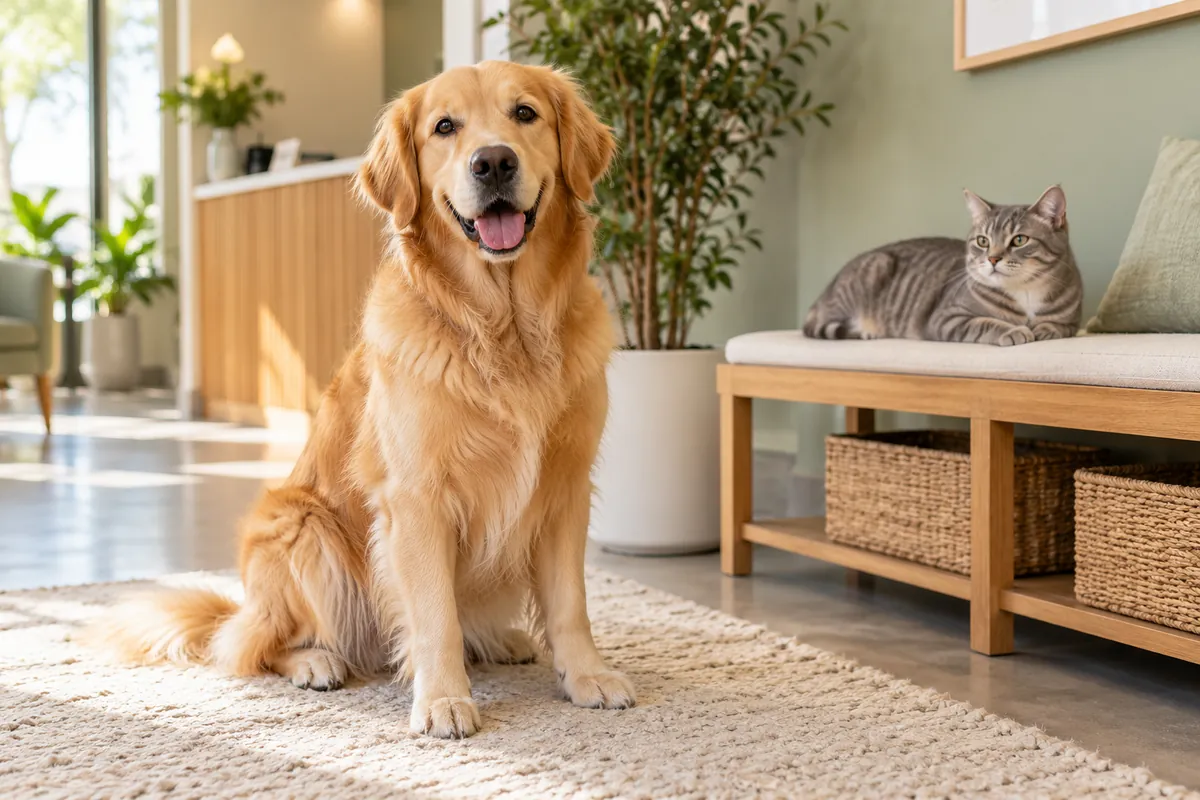 Cão golden retriever e gato em espaço acolhedor fictício — imagem conceitual gerada por IA